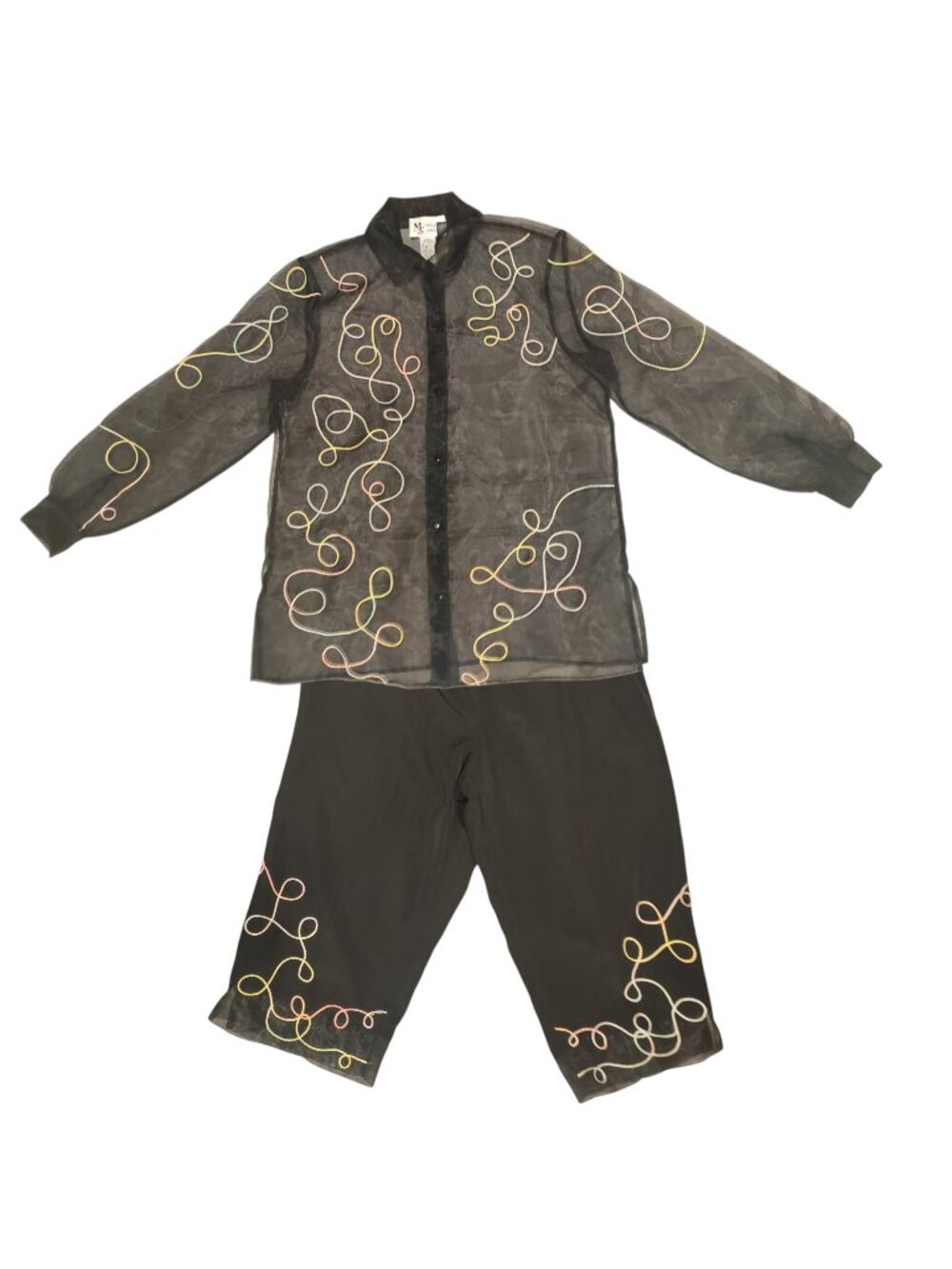 Vintage Maggie Sweet Set Blouse & Capri Pants Black with Swirls Size Medium
